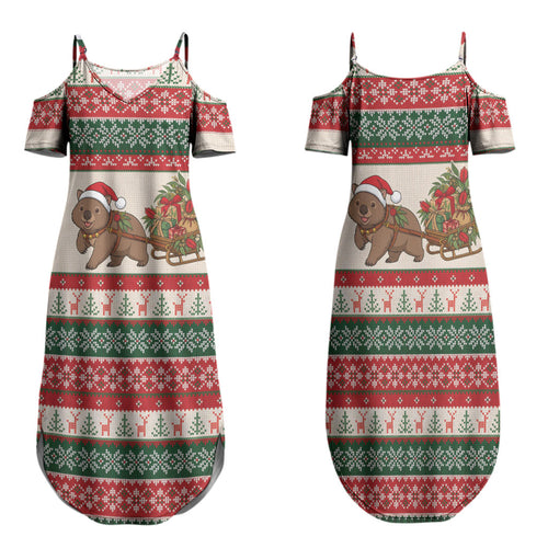 Aussie Wombat Christmas Family Matching Summer Maxi Dress and Hawaiian Shirt Festive Knitted Pattern Inspired