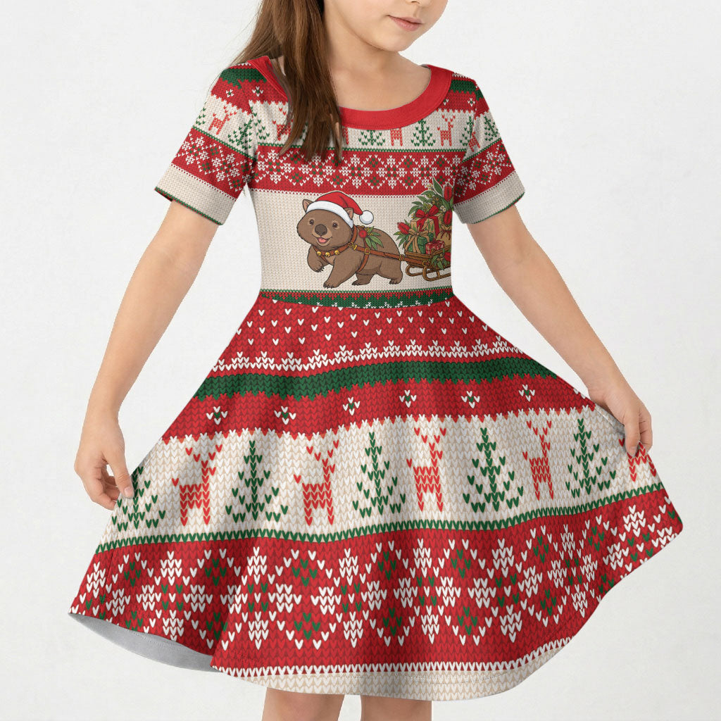 Aussie Wombat Christmas Kid Short Sleeve Dress Festive Knitted Pattern Inspired