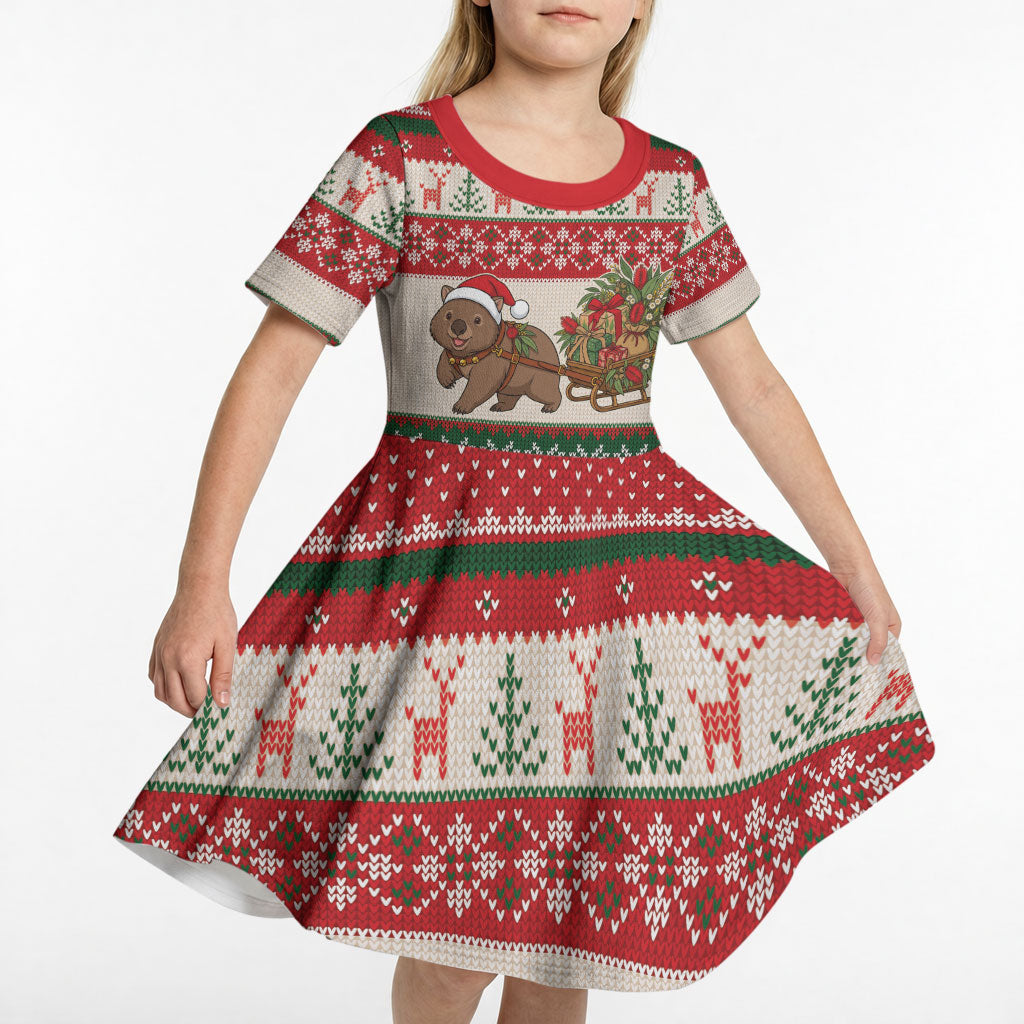 Aussie Wombat Christmas Kid Short Sleeve Dress Festive Knitted Pattern Inspired