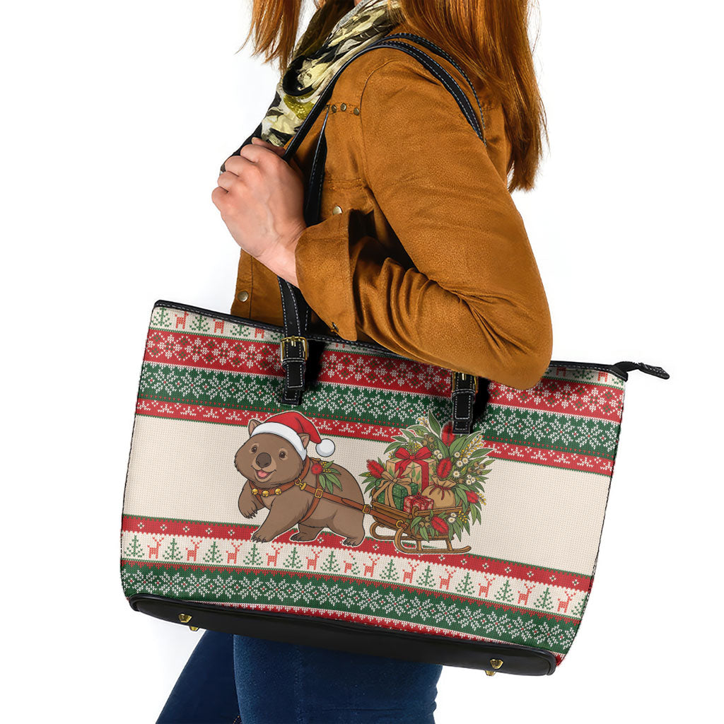 Aussie Wombat Christmas Leather Tote Bag Festive Knitted Pattern Inspired