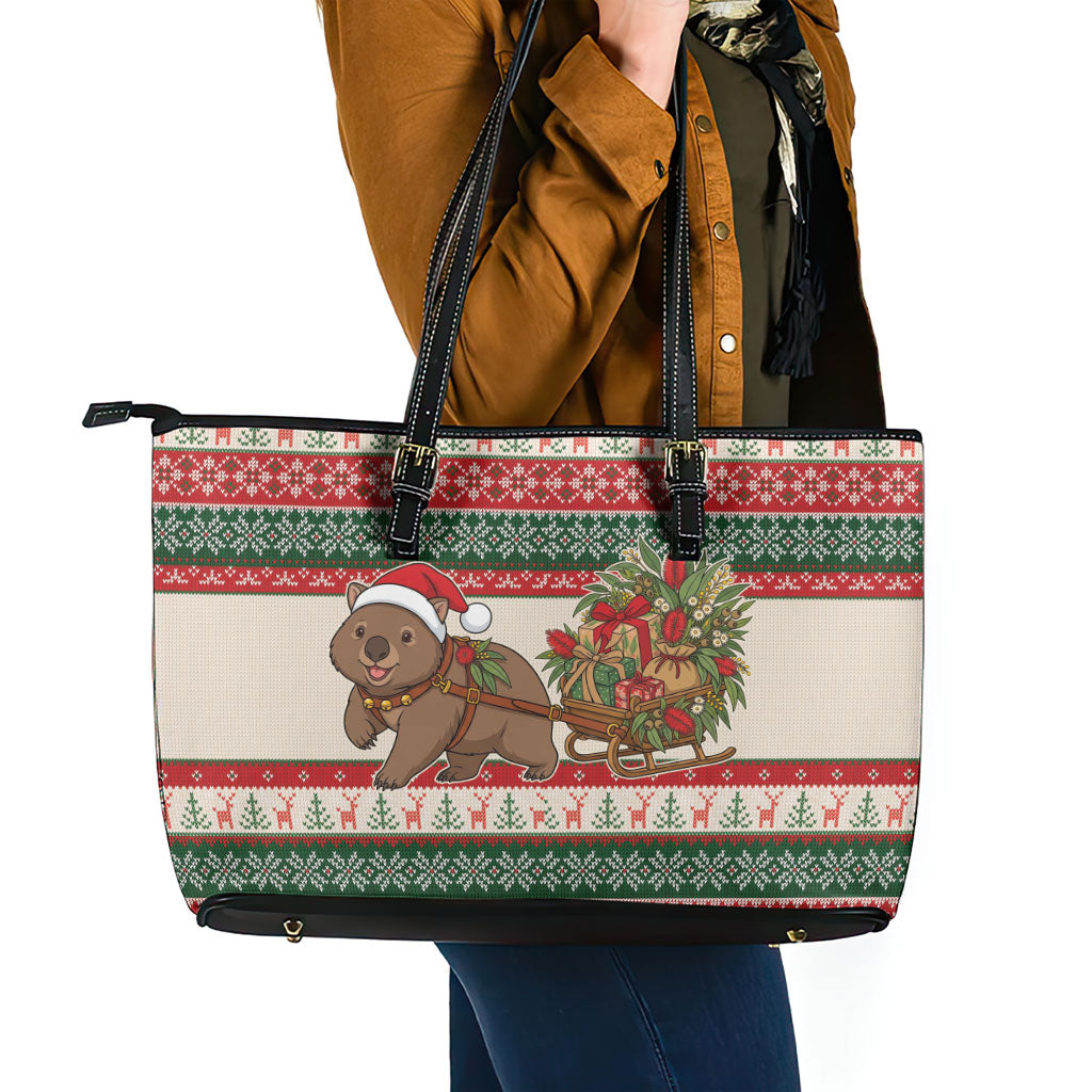 Aussie Wombat Christmas Leather Tote Bag Festive Knitted Pattern Inspired