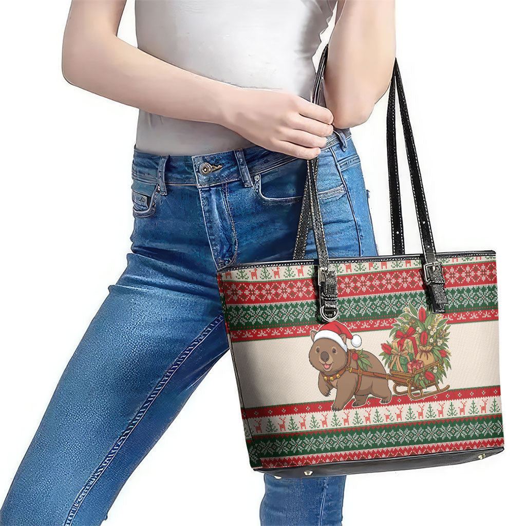 Aussie Wombat Christmas Leather Tote Bag Festive Knitted Pattern Inspired