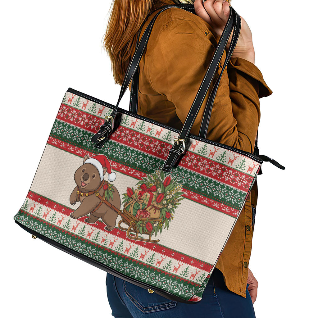 Aussie Wombat Christmas Leather Tote Bag Festive Knitted Pattern Inspired