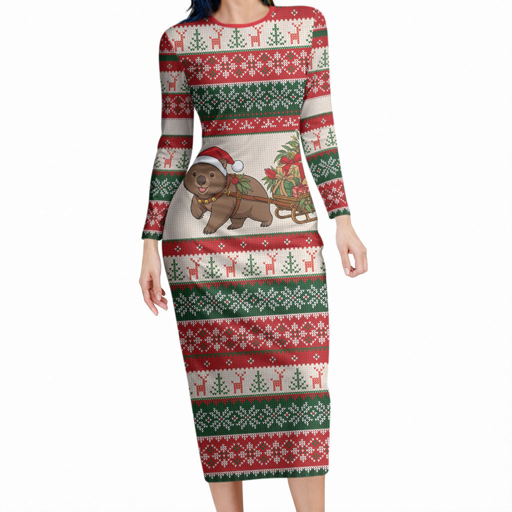 Aussie Wombat Christmas Long Sleeve Bodycon Dress Festive Knitted Pattern Inspired