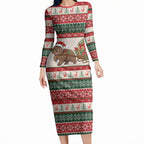 Aussie Wombat Christmas Long Sleeve Bodycon Dress Festive Knitted Pattern Inspired