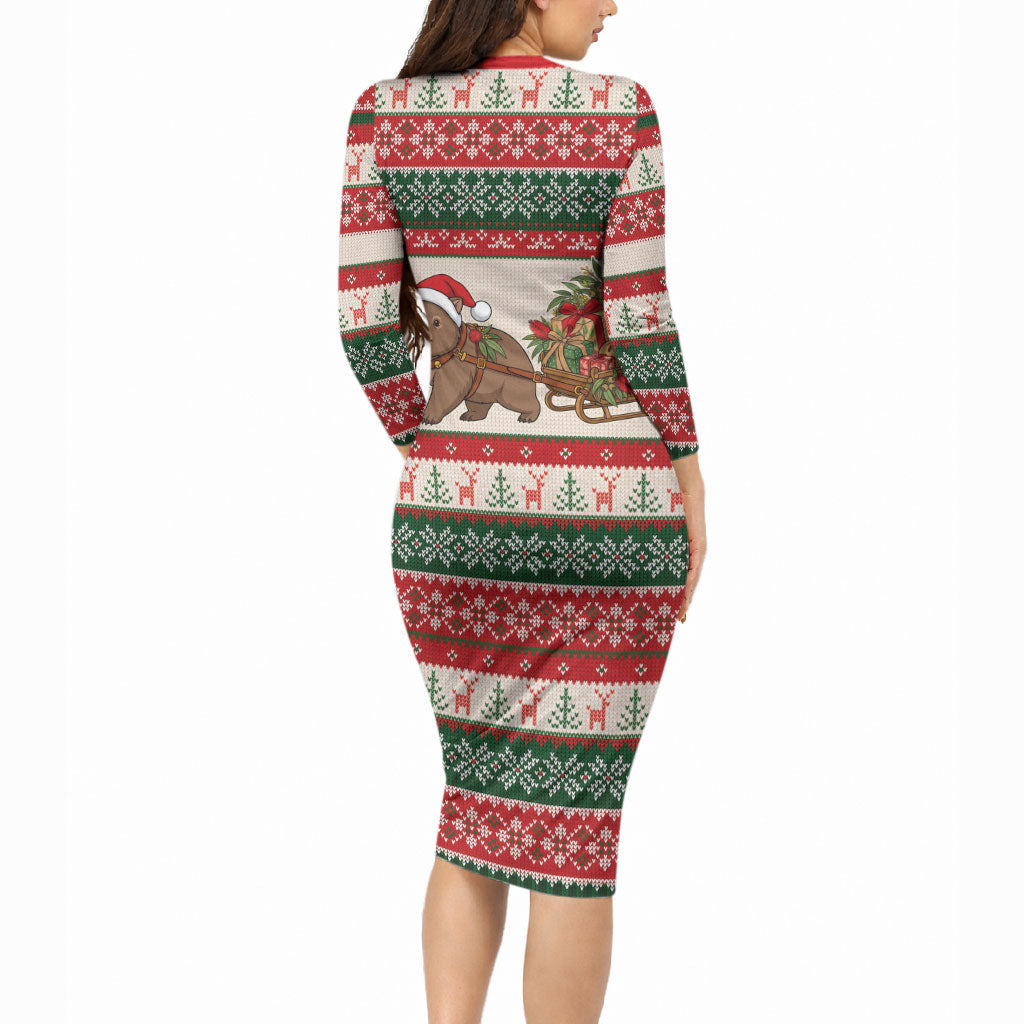 Aussie Wombat Christmas Long Sleeve Bodycon Dress Festive Knitted Pattern Inspired