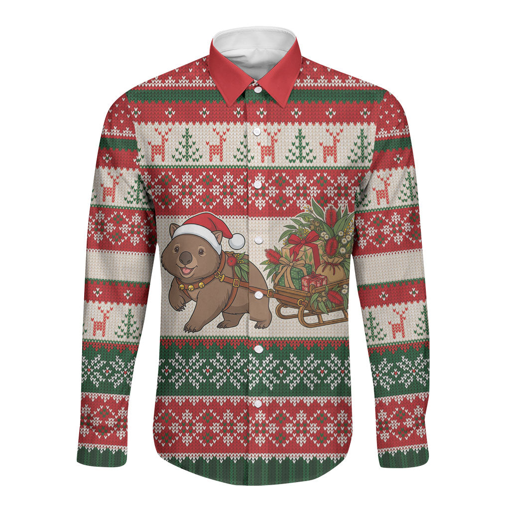 Aussie Wombat Christmas Long Sleeve Button Shirt Festive Knitted Pattern Inspired
