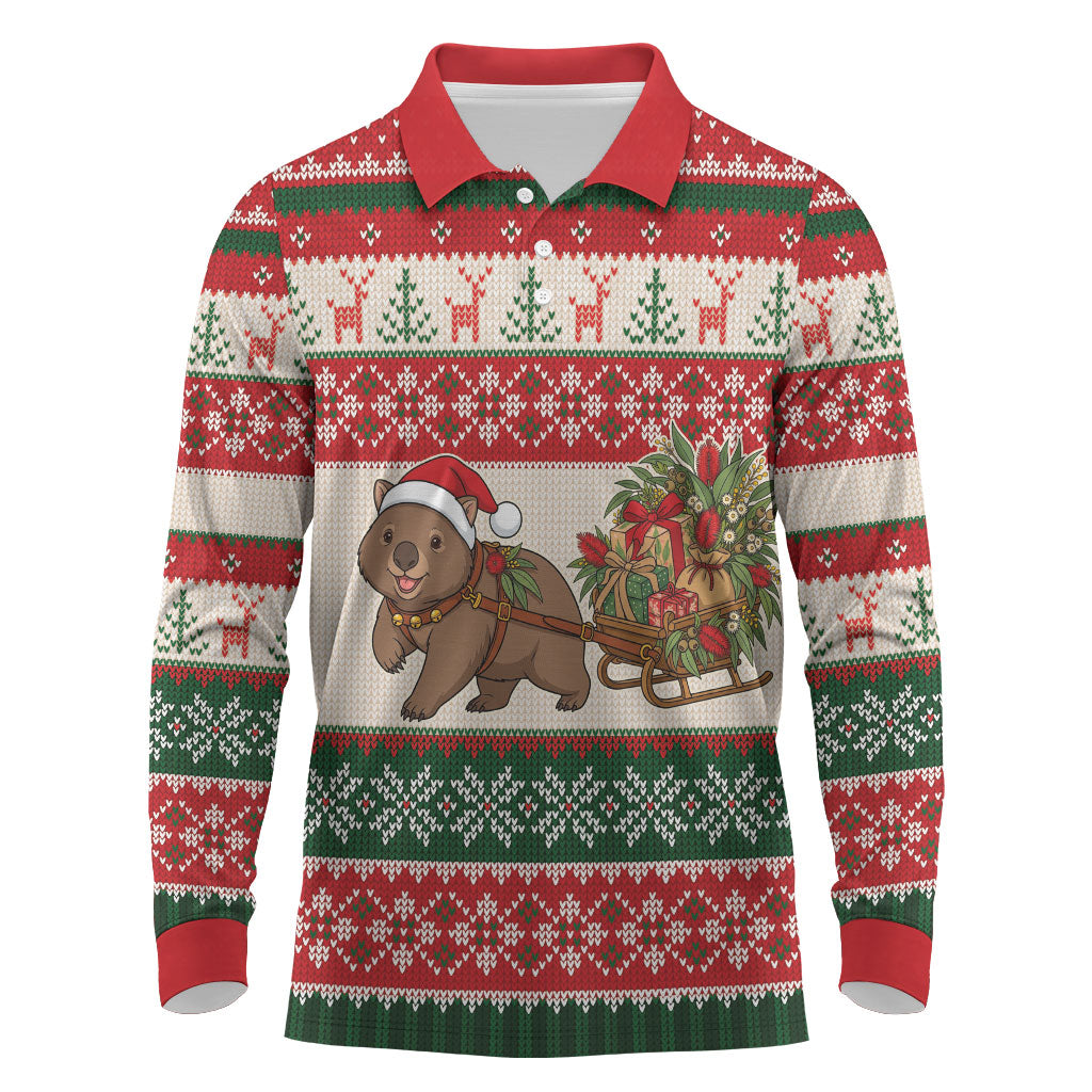 Aussie Wombat Christmas Long Sleeve Polo Shirt Festive Knitted Pattern Inspired