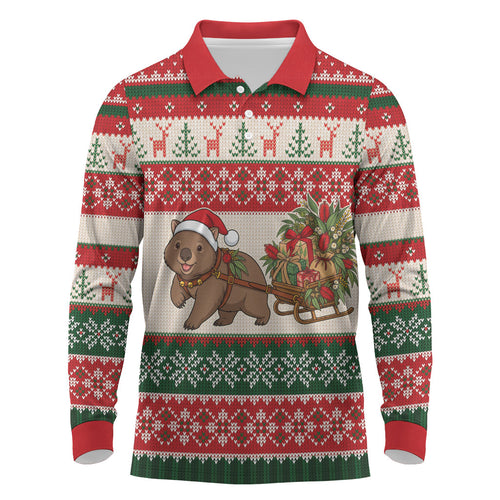 Aussie Wombat Christmas Long Sleeve Polo Shirt Festive Knitted Pattern Inspired