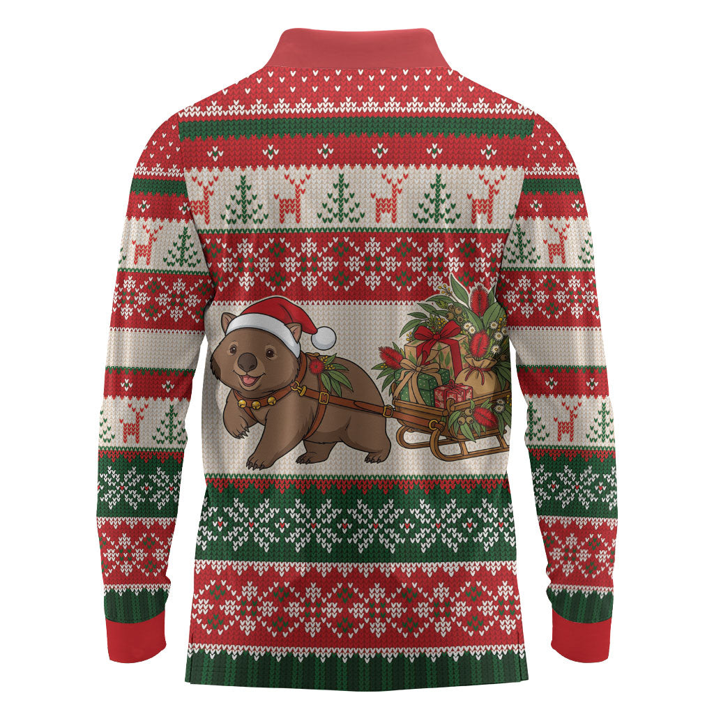 Aussie Wombat Christmas Long Sleeve Polo Shirt Festive Knitted Pattern Inspired