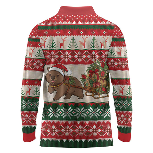 Aussie Wombat Christmas Long Sleeve Polo Shirt Festive Knitted Pattern Inspired