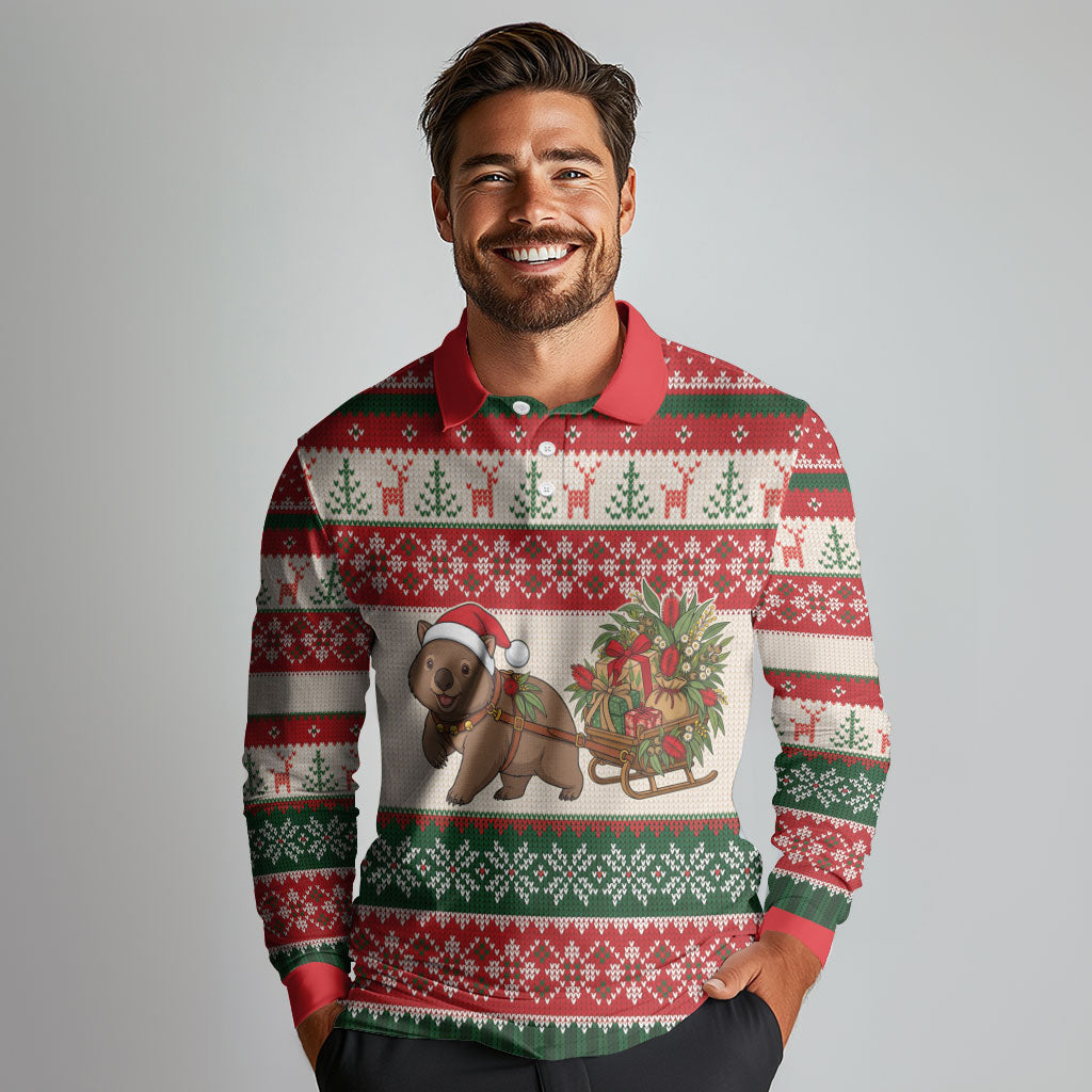 Aussie Wombat Christmas Long Sleeve Polo Shirt Festive Knitted Pattern Inspired