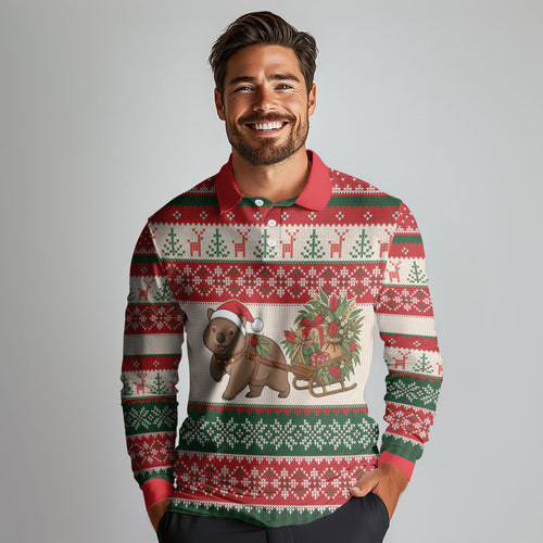Aussie Wombat Christmas Long Sleeve Polo Shirt Festive Knitted Pattern Inspired