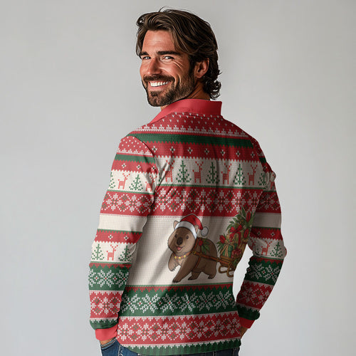 Aussie Wombat Christmas Long Sleeve Polo Shirt Festive Knitted Pattern Inspired