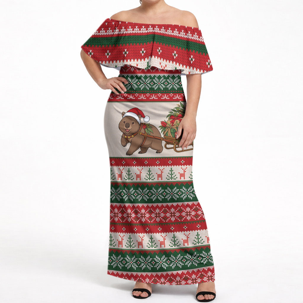 Aussie Wombat Christmas Off Shoulder Maxi Dress Festive Knitted Pattern Inspired