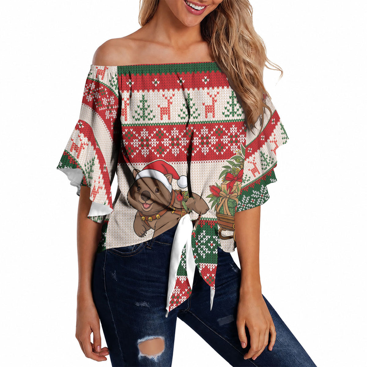 Aussie Wombat Christmas Off Shoulder Wrap Waist Top Festive Knitted Pattern Inspired