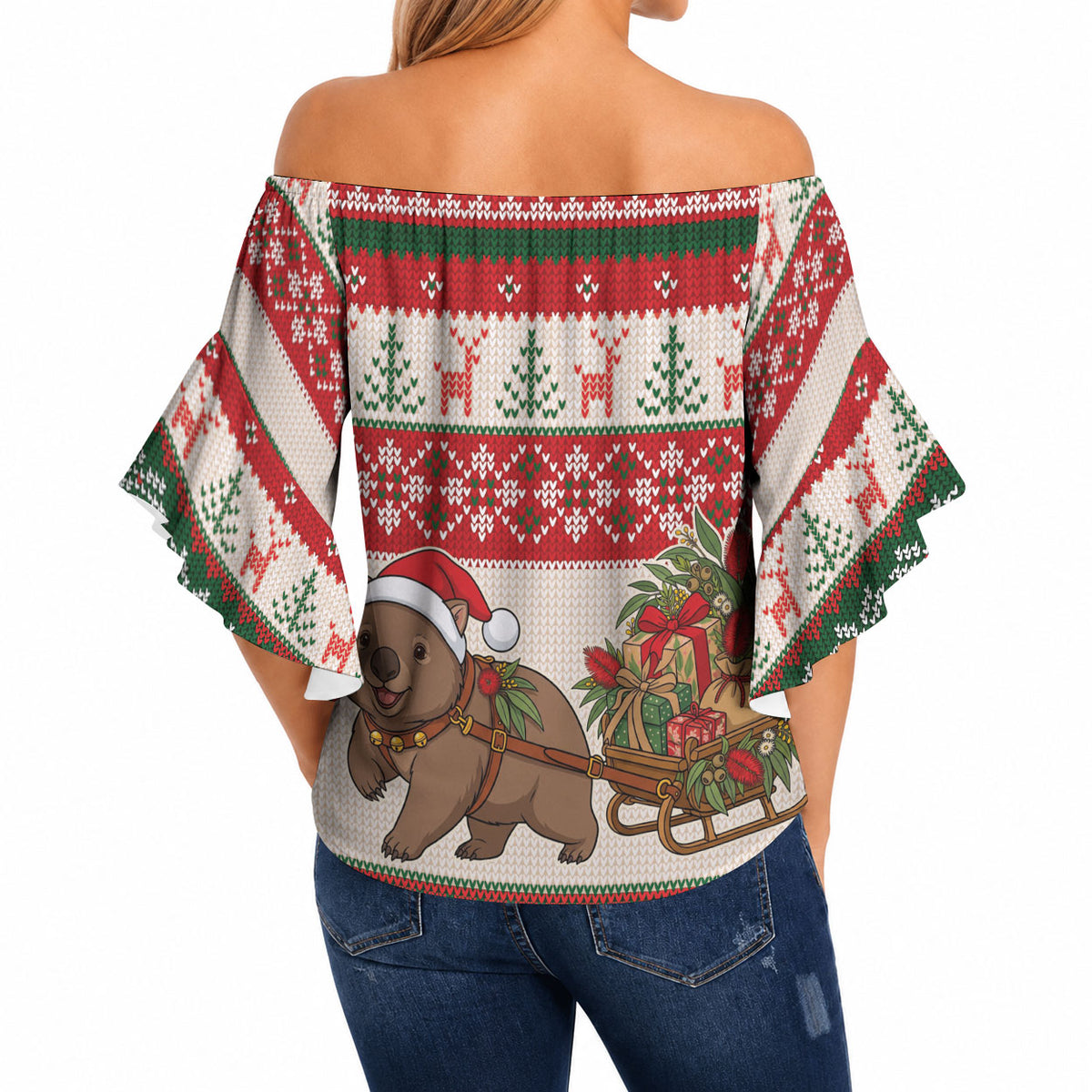 Aussie Wombat Christmas Off Shoulder Wrap Waist Top Festive Knitted Pattern Inspired