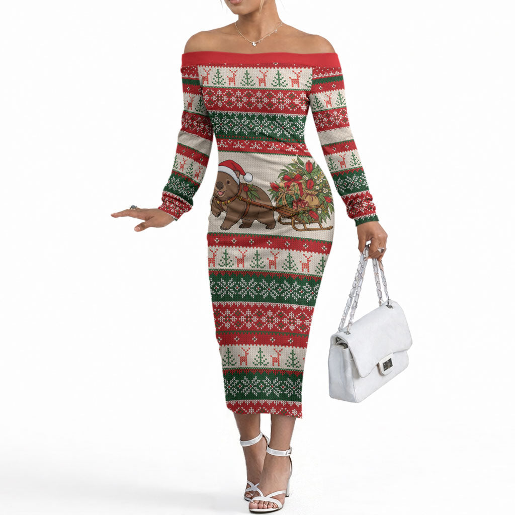 Aussie Wombat Christmas Off The Shoulder Long Sleeve Dress Festive Knitted Pattern Inspired