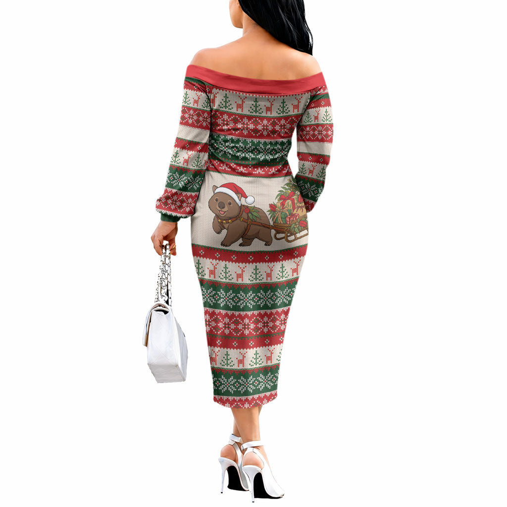 Aussie Wombat Christmas Off The Shoulder Long Sleeve Dress Festive Knitted Pattern Inspired