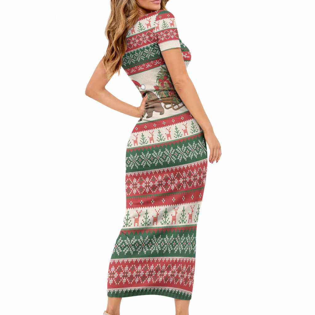 Aussie Wombat Christmas Short Sleeve Bodycon Dress Festive Knitted Pattern Inspired