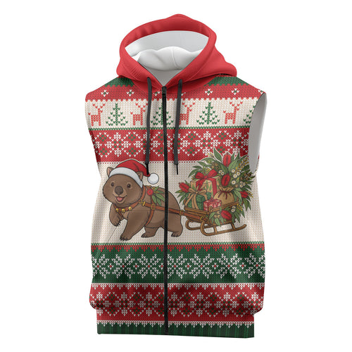 Aussie Wombat Christmas Sleeveless Zip Hoodie Festive Knitted Pattern Inspired