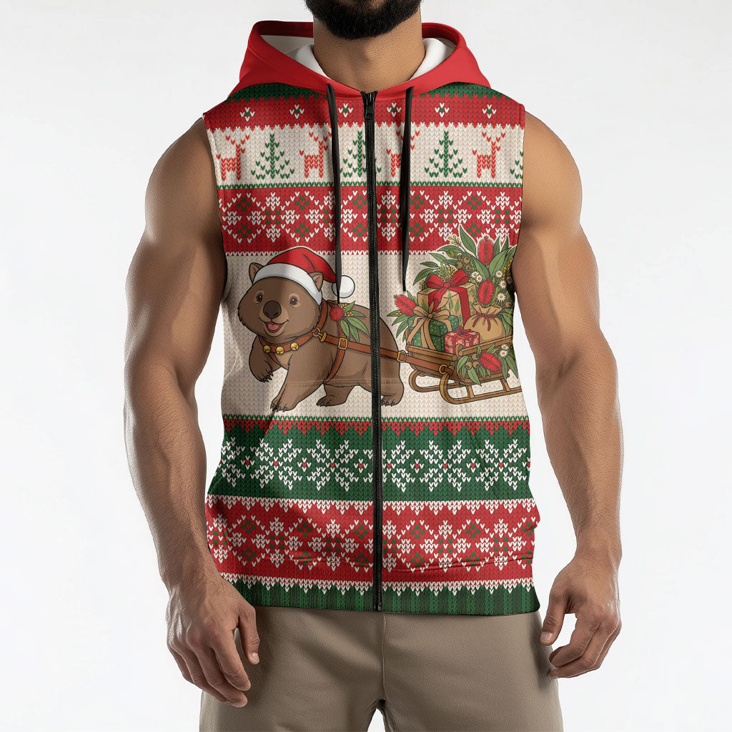 Aussie Wombat Christmas Sleeveless Zip Hoodie Festive Knitted Pattern Inspired