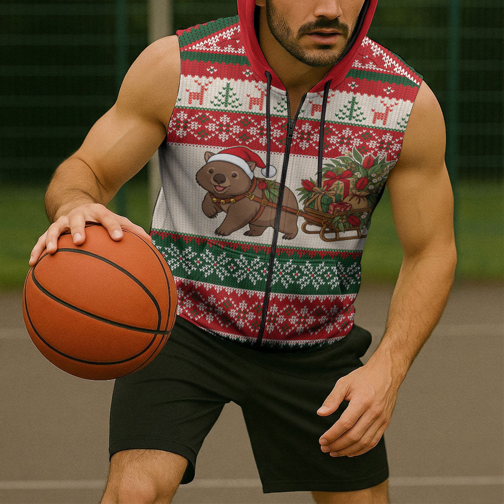 Aussie Wombat Christmas Sleeveless Zip Hoodie Festive Knitted Pattern Inspired