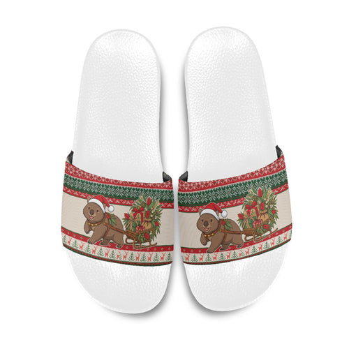 Aussie Wombat Christmas Slide Sandals Festive Knitted Pattern Inspired