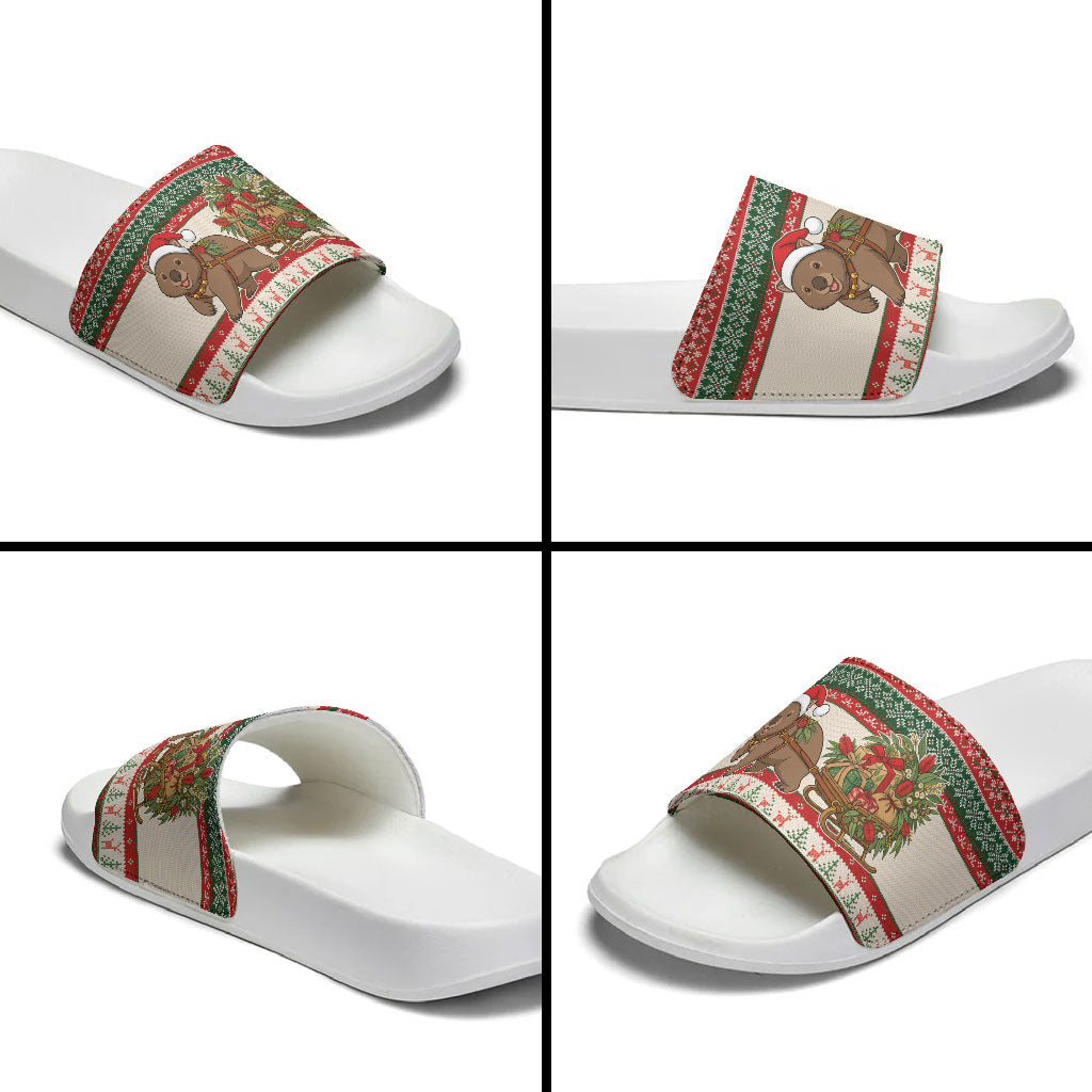 Aussie Wombat Christmas Slide Sandals Festive Knitted Pattern Inspired