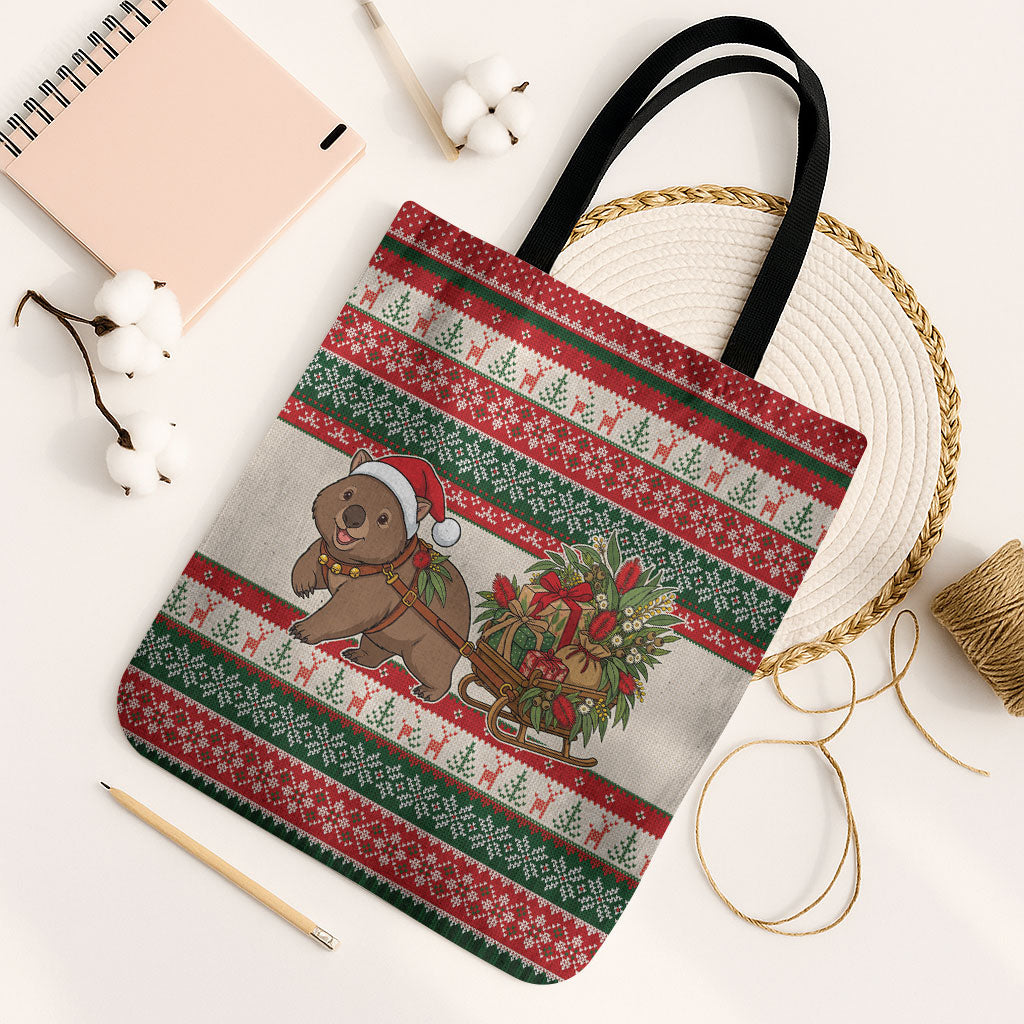 Aussie Wombat Christmas Tote Bag Festive Knitted Pattern Inspired