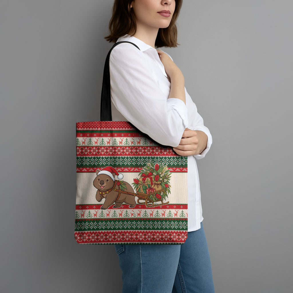 Aussie Wombat Christmas Tote Bag Festive Knitted Pattern Inspired