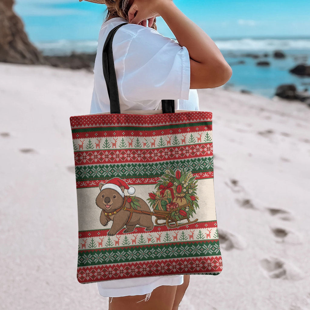 Aussie Wombat Christmas Tote Bag Festive Knitted Pattern Inspired