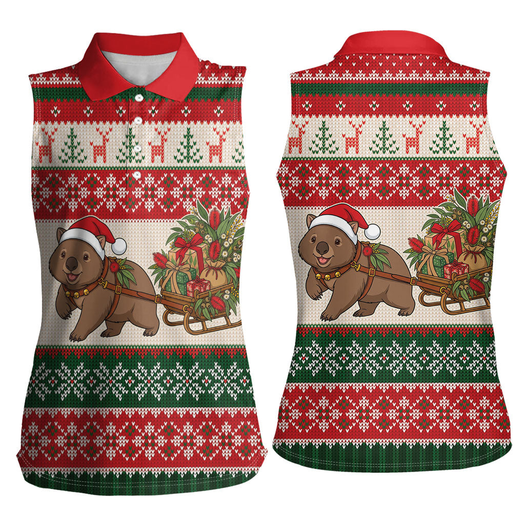 Aussie Wombat Christmas Women Sleeveless Polo Shirt Festive Knitted Pattern Inspired