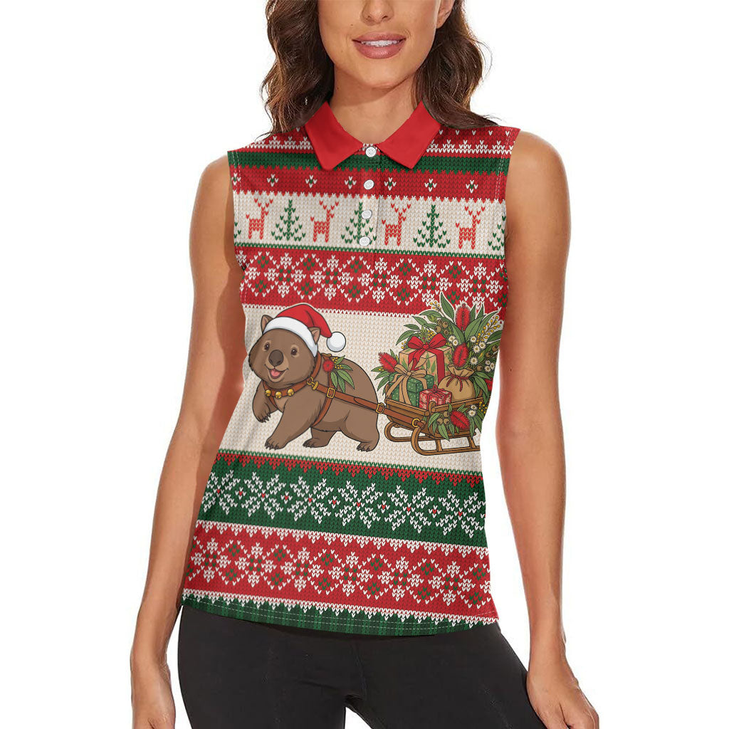 Aussie Wombat Christmas Women Sleeveless Polo Shirt Festive Knitted Pattern Inspired