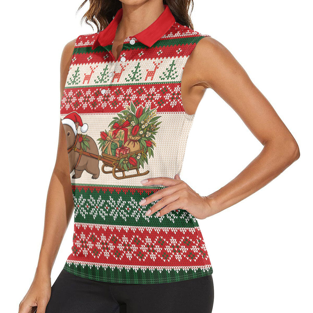 Aussie Wombat Christmas Women Sleeveless Polo Shirt Festive Knitted Pattern Inspired