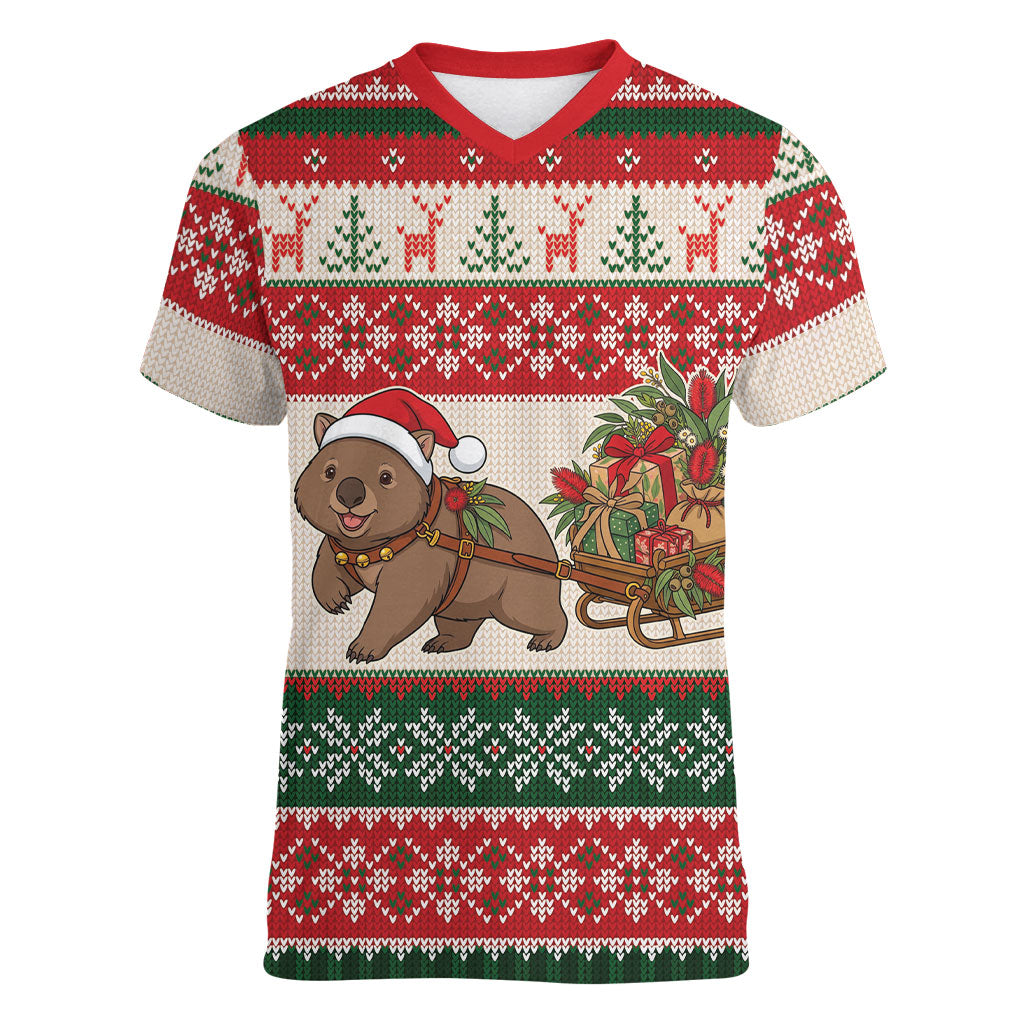 Aussie Wombat Christmas Women V-Neck T-Shirt Festive Knitted Pattern Inspired