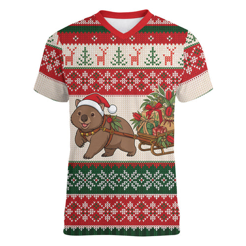 Aussie Wombat Christmas Women V-Neck T-Shirt Festive Knitted Pattern Inspired
