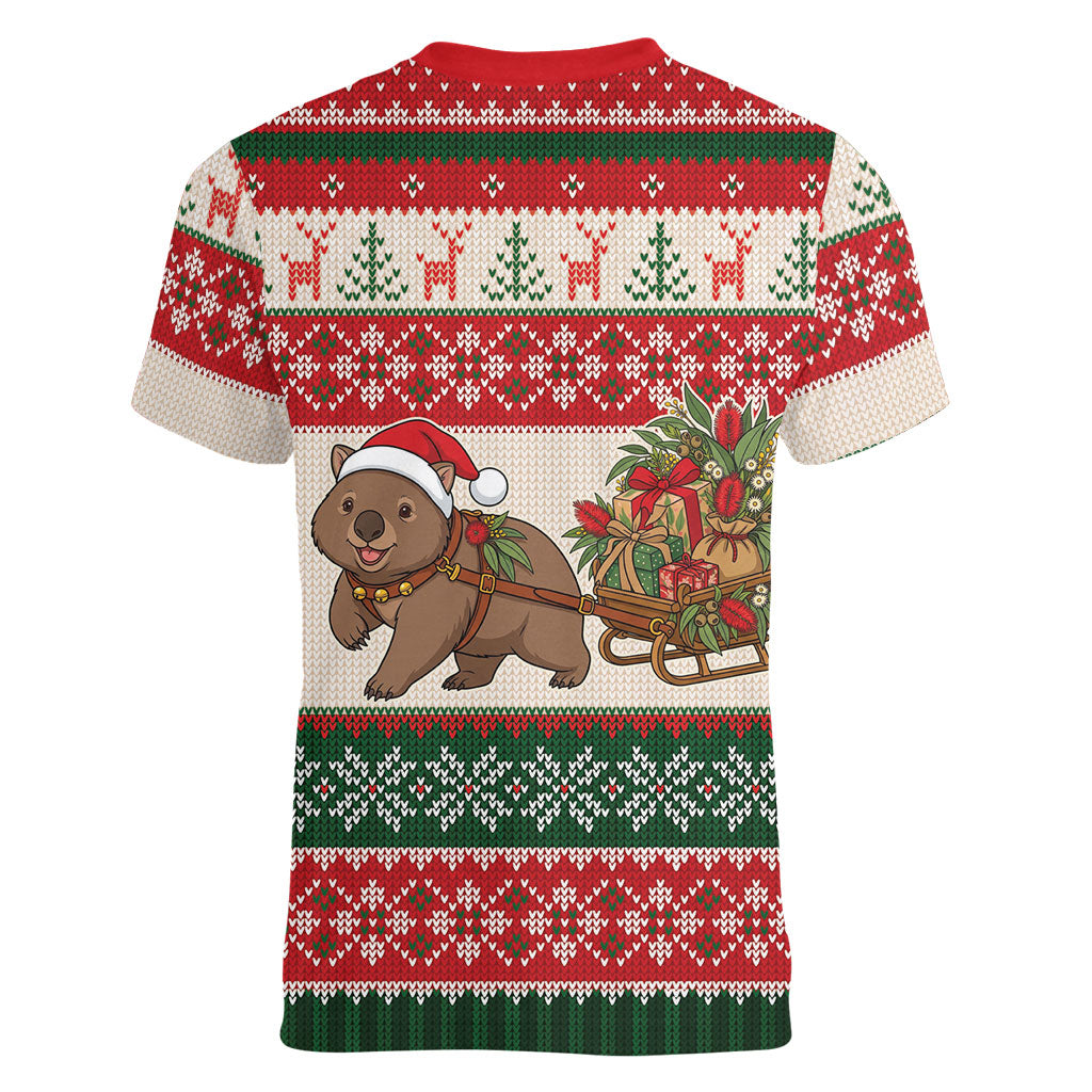 Aussie Wombat Christmas Women V-Neck T-Shirt Festive Knitted Pattern Inspired