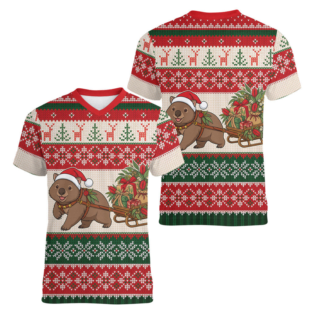 Aussie Wombat Christmas Women V-Neck T-Shirt Festive Knitted Pattern Inspired