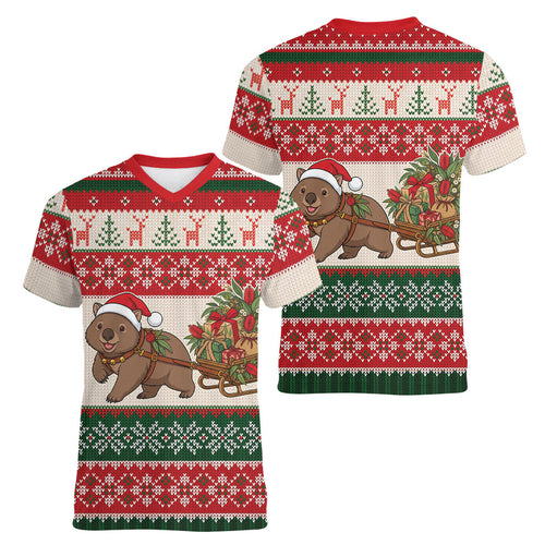 Aussie Wombat Christmas Women V-Neck T-Shirt Festive Knitted Pattern Inspired