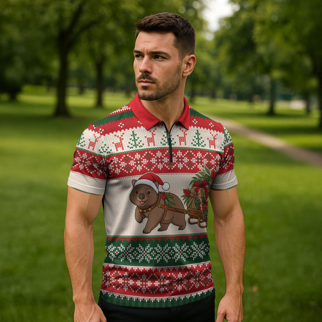 Aussie Wombat Christmas Zipper Polo Shirt Festive Knitted Pattern Inspired