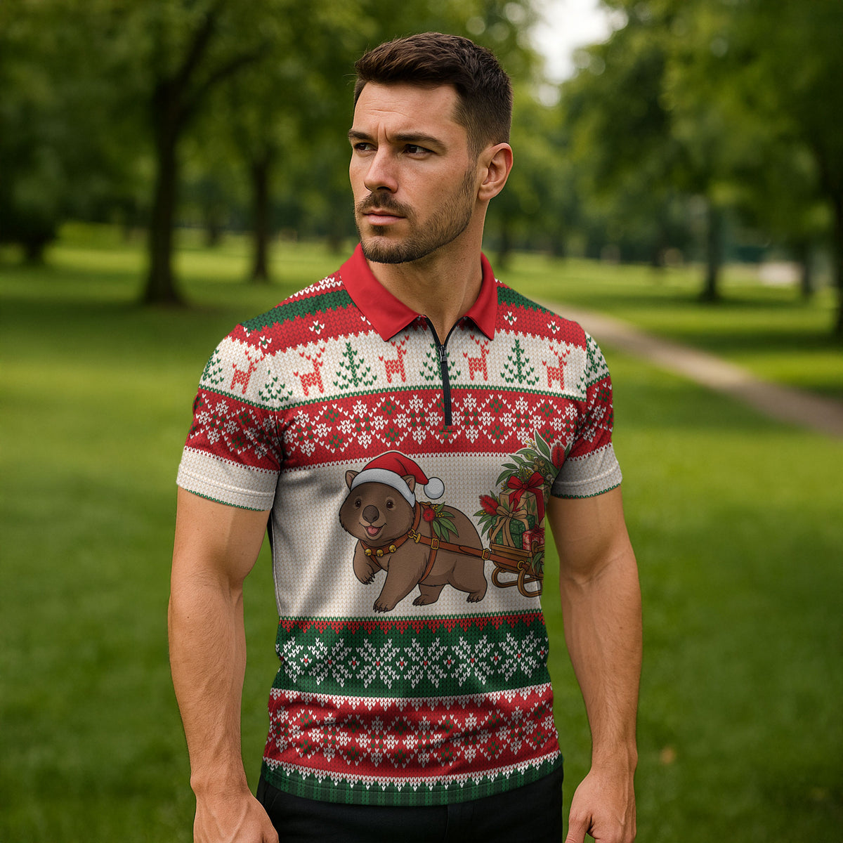 Aussie Wombat Christmas Zipper Polo Shirt Festive Knitted Pattern Inspired