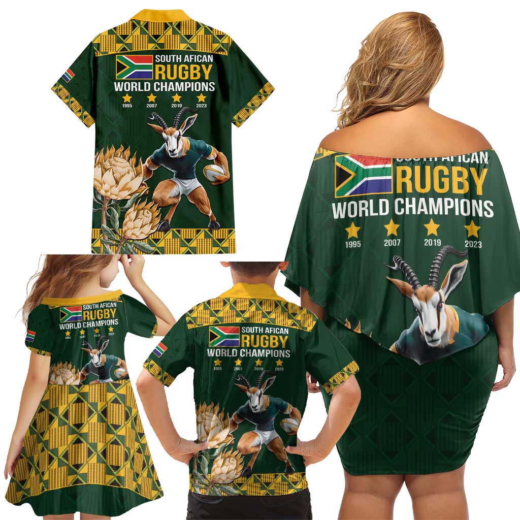 South Africa Rugby History World Champions Family Matching Off Shoulder Short Dress and Hawaiian Shirt Springboks Make History