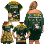 South Africa Rugby History World Champions Family Matching Off Shoulder Short Dress and Hawaiian Shirt Springboks Make History