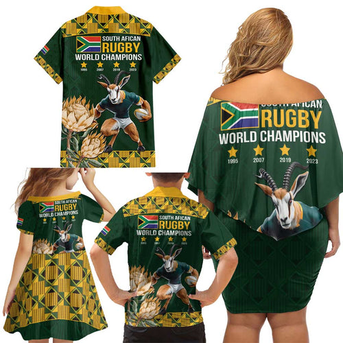 South Africa Rugby History World Champions Family Matching Off Shoulder Short Dress and Hawaiian Shirt Springboks Make History
