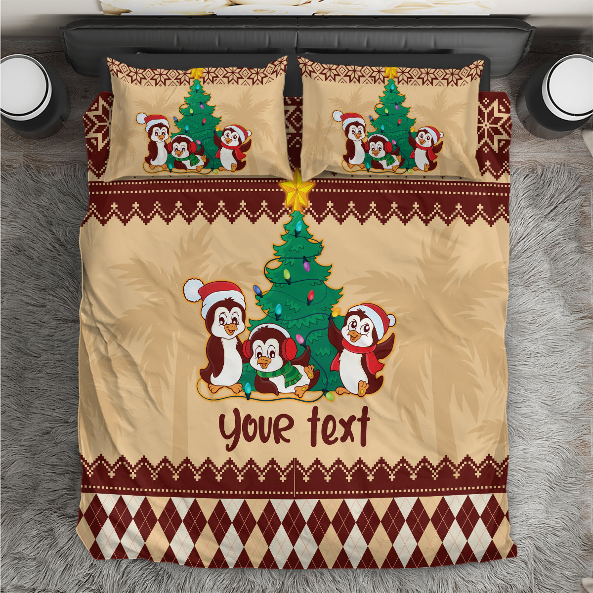 australia-penguin-christmas-argyle-pattern-personalised-bedding-set