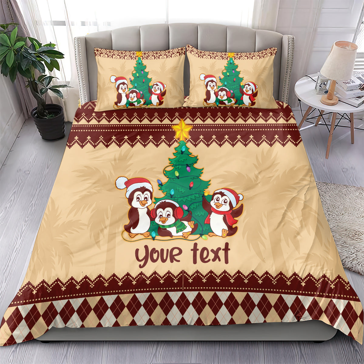 australia-penguin-christmas-argyle-pattern-personalised-bedding-set