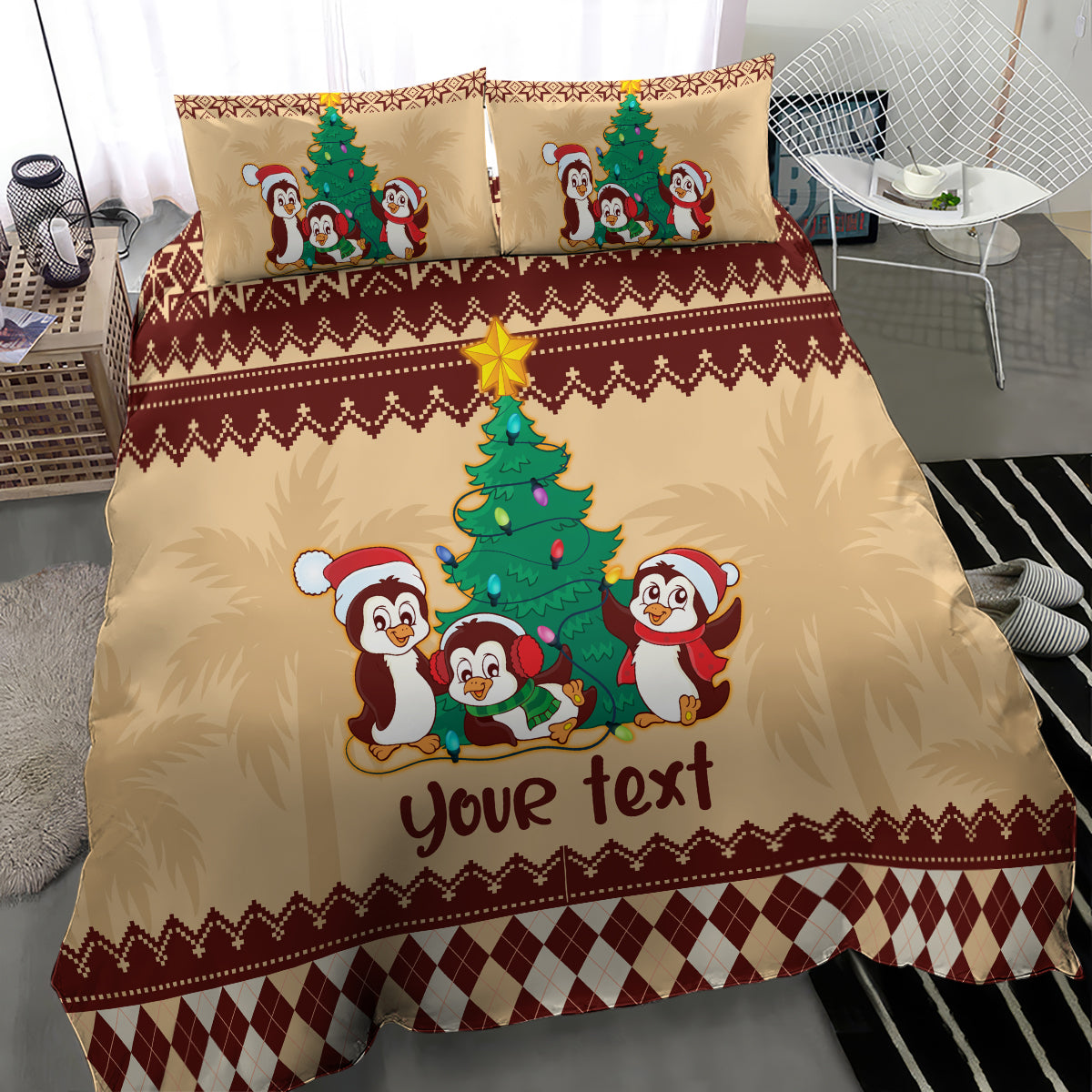 australia-penguin-christmas-argyle-pattern-personalised-bedding-set