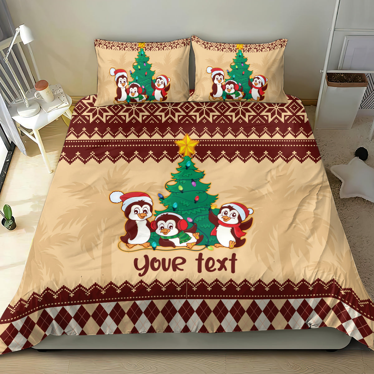 australia-penguin-christmas-argyle-pattern-personalised-bedding-set