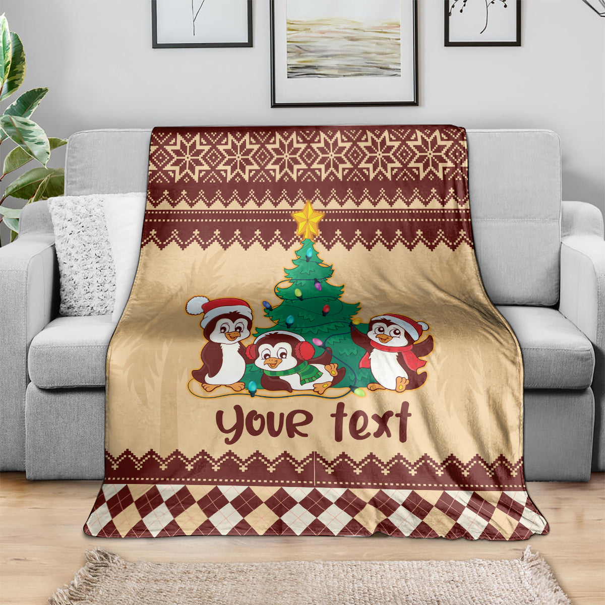 australia-penguin-christmas-argyle-pattern-personalised-blanket